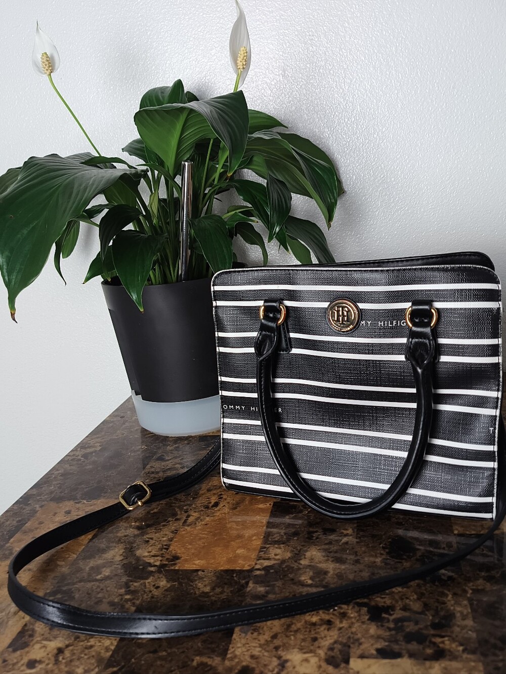 Tommy Hilfiger Black & White Striped Crossbody Tote